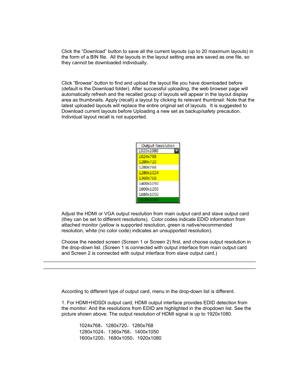 Hdmi/vga output resolution, Download layout file, Upload layout file | Sierra Video SVG Multi-Viewer User Manual | Page 49 / 84