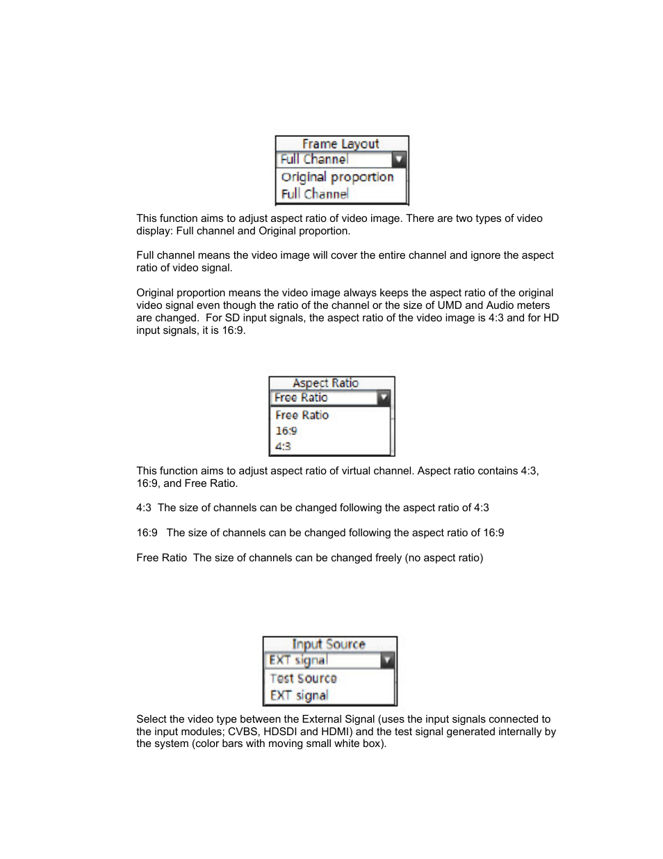 Frame layout, Aspect ratio, Input source | Sierra Video SVG Multi-Viewer User Manual | Page 53 / 84