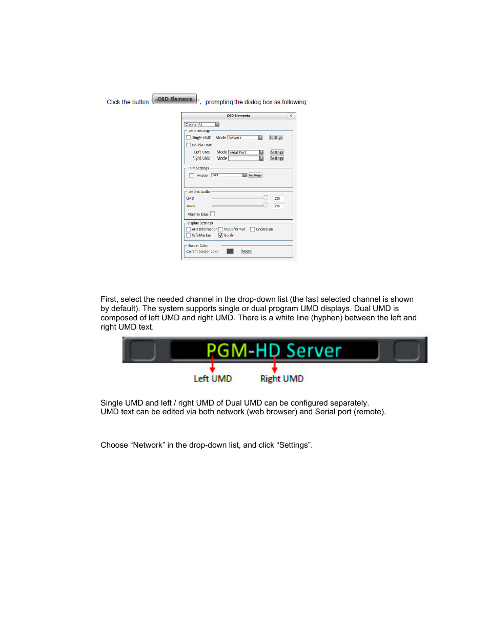 Osd elements, Umd settings, Via network-static umd | Sierra Video SVG Multi-Viewer User Manual | Page 57 / 84