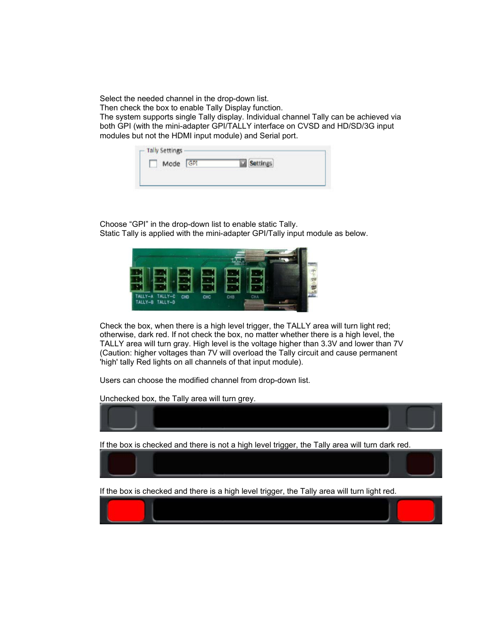 Tally settings, Via gpi-static tally | Sierra Video SVG Multi-Viewer User Manual | Page 61 / 84