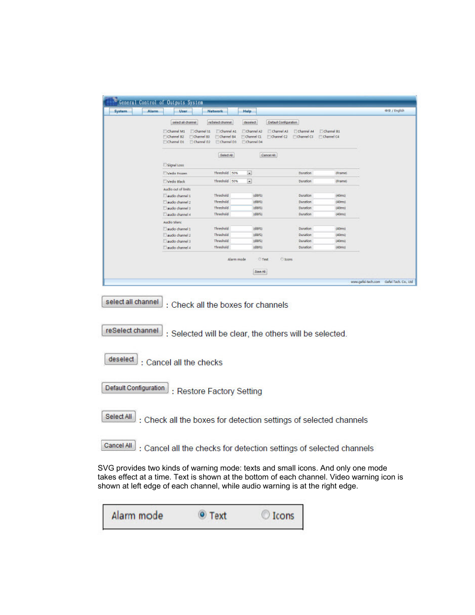 Alarms (detection settings) | Sierra Video SVG Multi-Viewer User Manual | Page 69 / 84