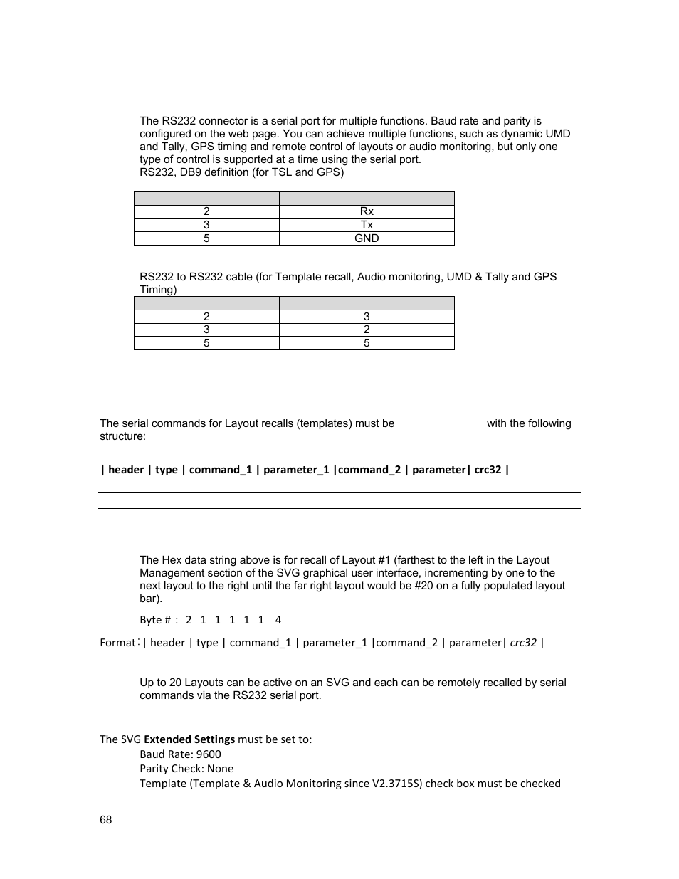 Rs-232 connection, Layout recalls | Sierra Video SVG Multi-Viewer User Manual | Page 78 / 84