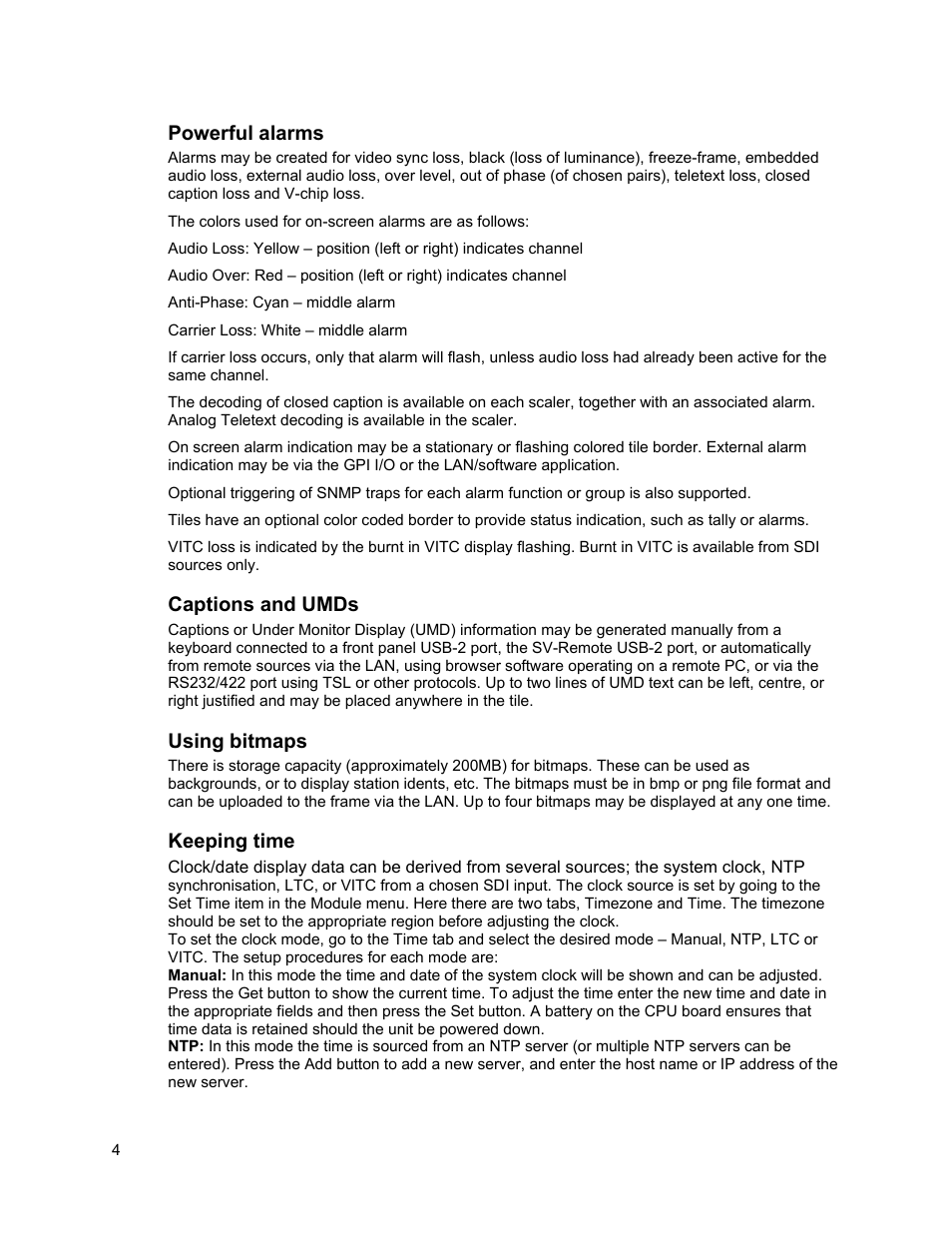 Powerful alarms, Captions and umds, Using bitmaps | Keeping time | Sierra Video View Multi-Viewer MV-XX User Manual | Page 10 / 94