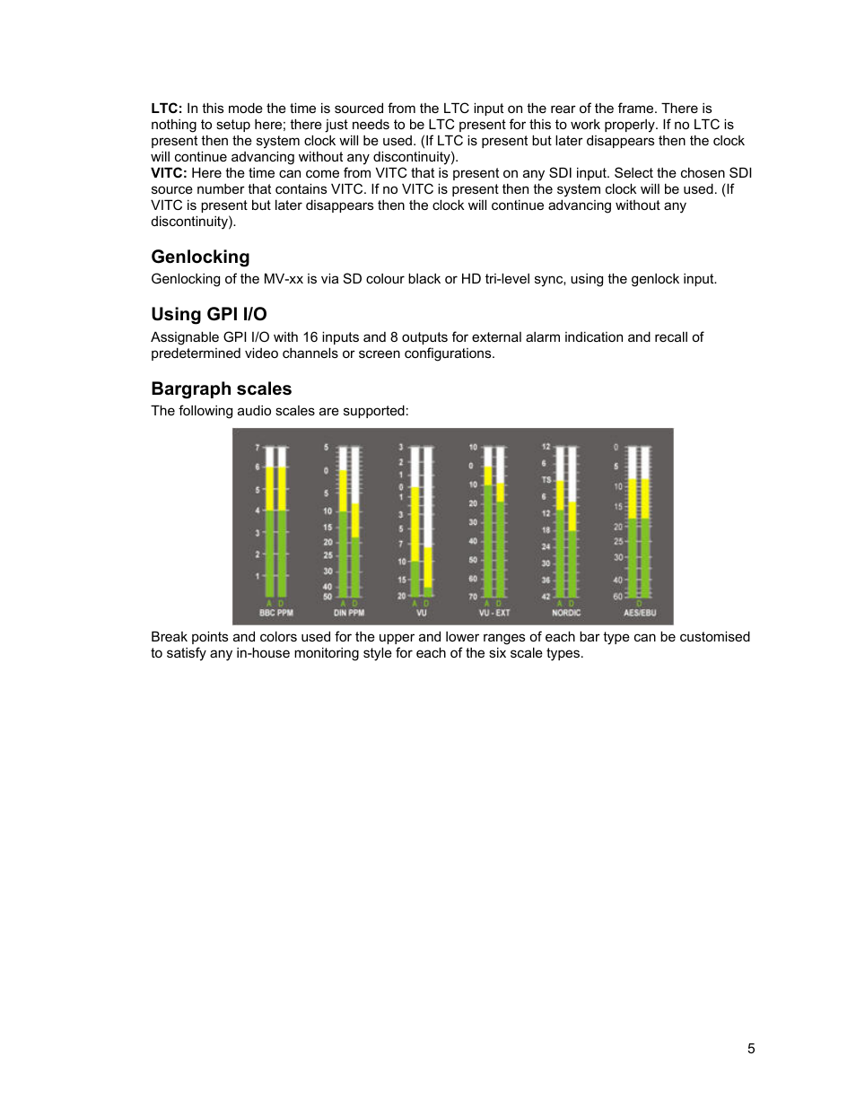 Genlocking, Using gpi i/o, Bargraph scales | Sierra Video View Multi-Viewer MV-XX User Manual | Page 11 / 94