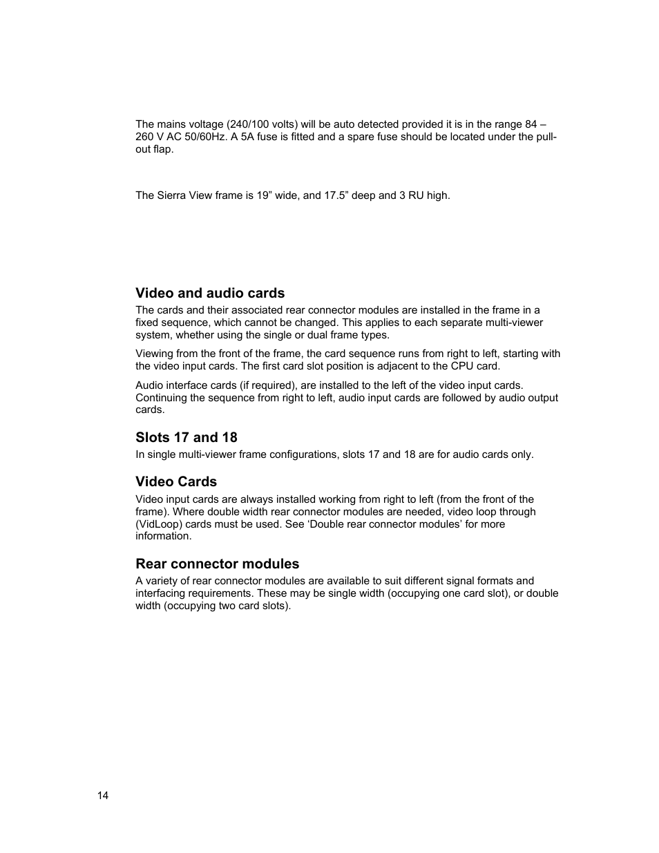 Hardware configuration, Power and fuses, Dimensions | Configuration rules | Sierra Video View Multi-Viewer MV-XX User Manual | Page 20 / 94