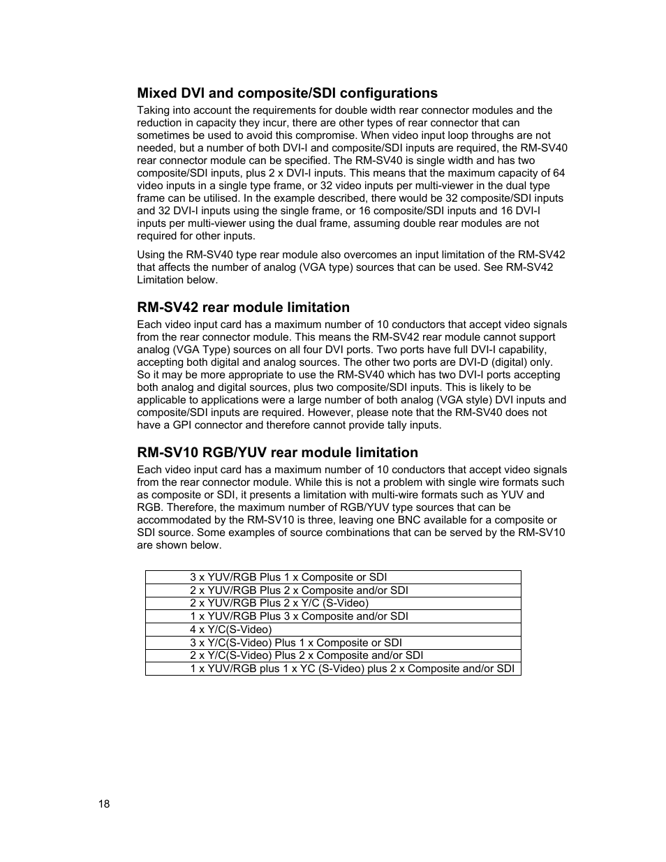 Mixed dvi and composite/sdi configurations, Rm-sv42 rear module limitation, Rm-sv10 rgb/yuv rear module limitation | Sierra Video View Multi-Viewer MV-XX User Manual | Page 24 / 94