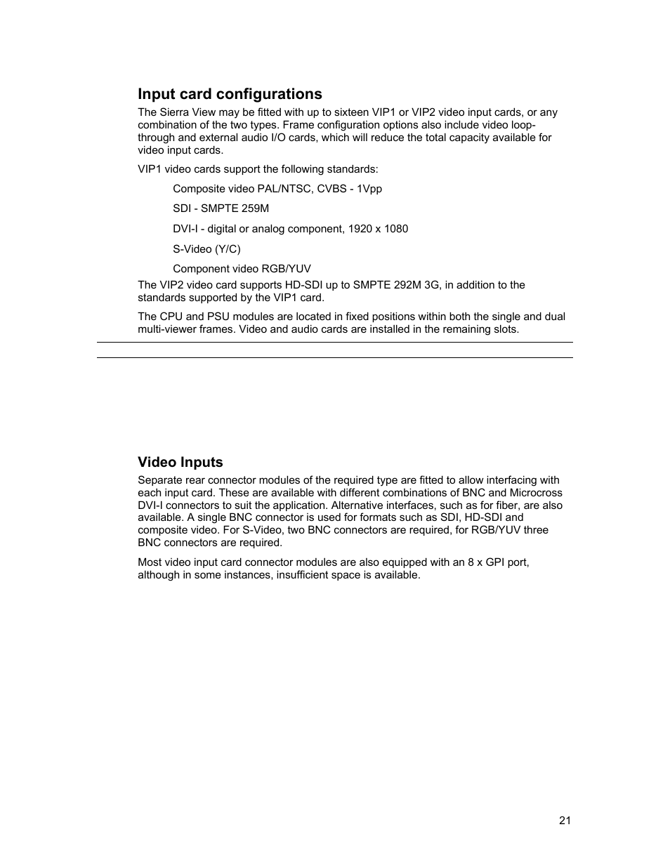 Input card configurations, Video inputs | Sierra Video View Multi-Viewer MV-XX User Manual | Page 27 / 94