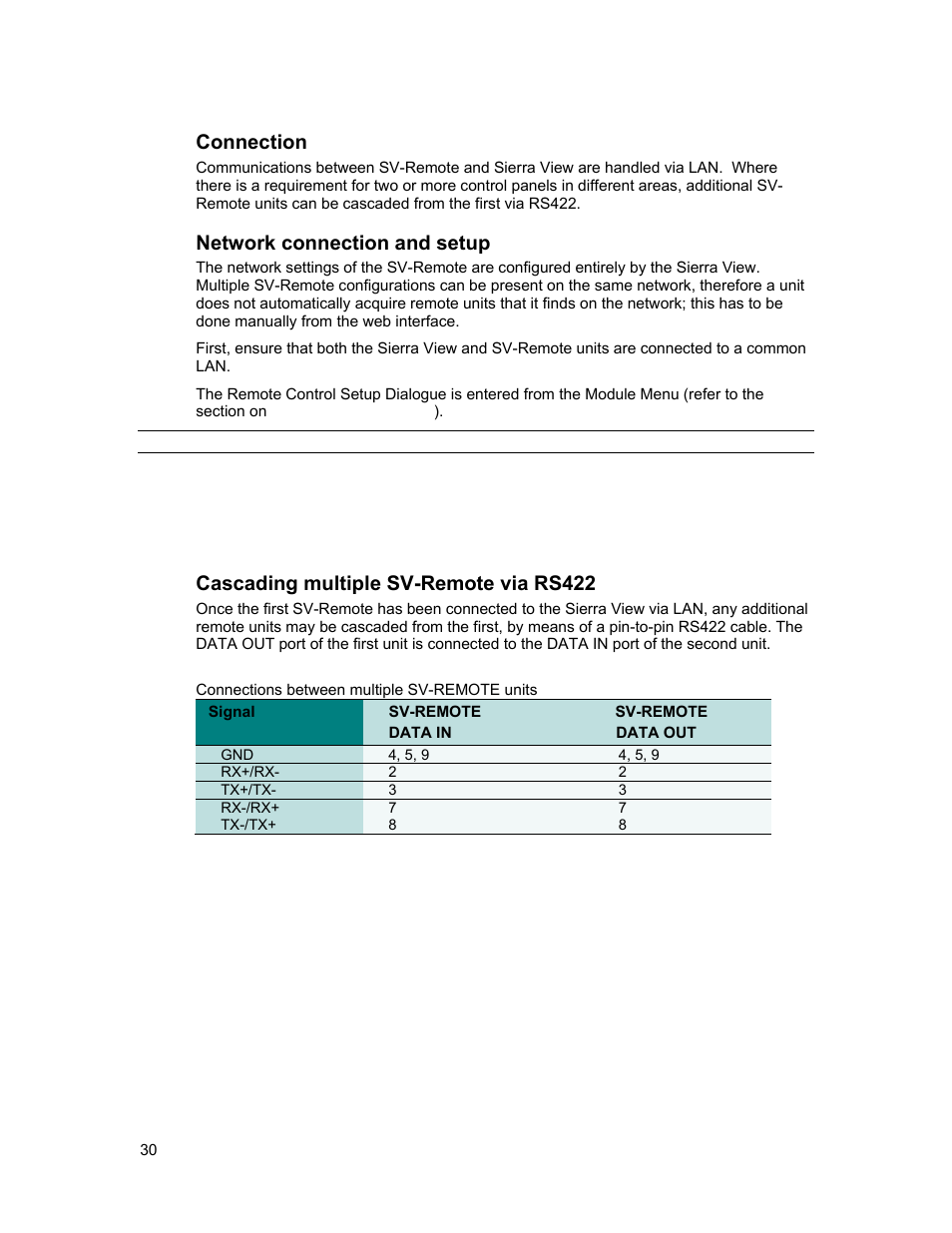 Connection, Network connection and setup, Cascading multiple sv-remote via rs422 | Sierra Video View Multi-Viewer MV-XX User Manual | Page 36 / 94