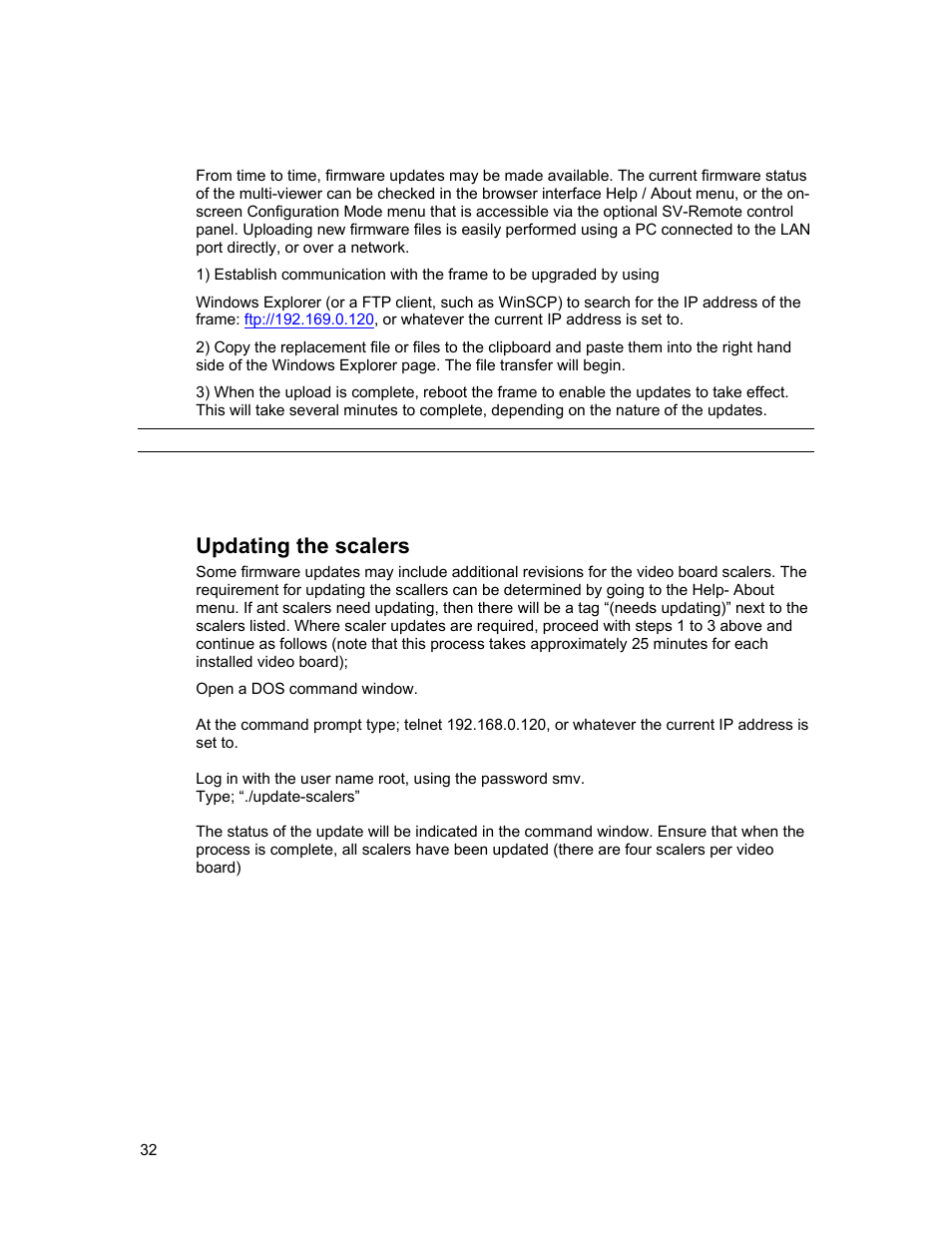 Upgrading firmware, Updating the scalers | Sierra Video View Multi-Viewer MV-XX User Manual | Page 38 / 94