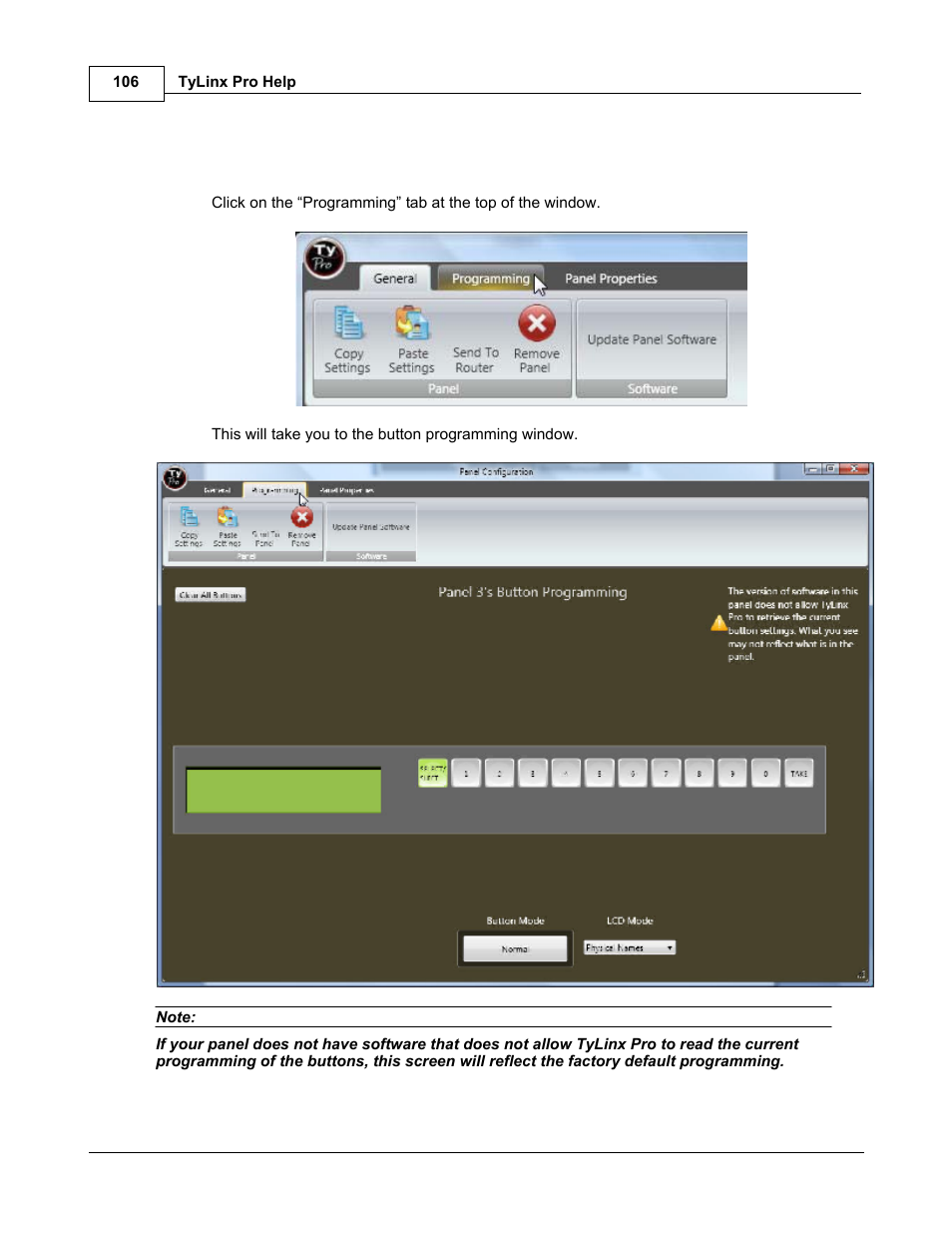 Programming panel buttons | Sierra Video TyLinx Pro User Manual | Page 106 / 228