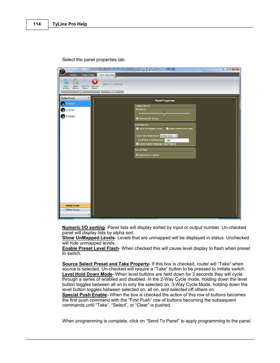 Panel properties | Sierra Video TyLinx Pro User Manual | Page 114 / 228