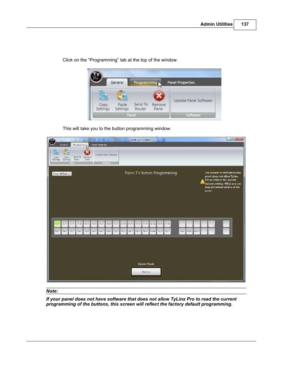 Programming panel buttons | Sierra Video TyLinx Pro User Manual | Page 137 / 228