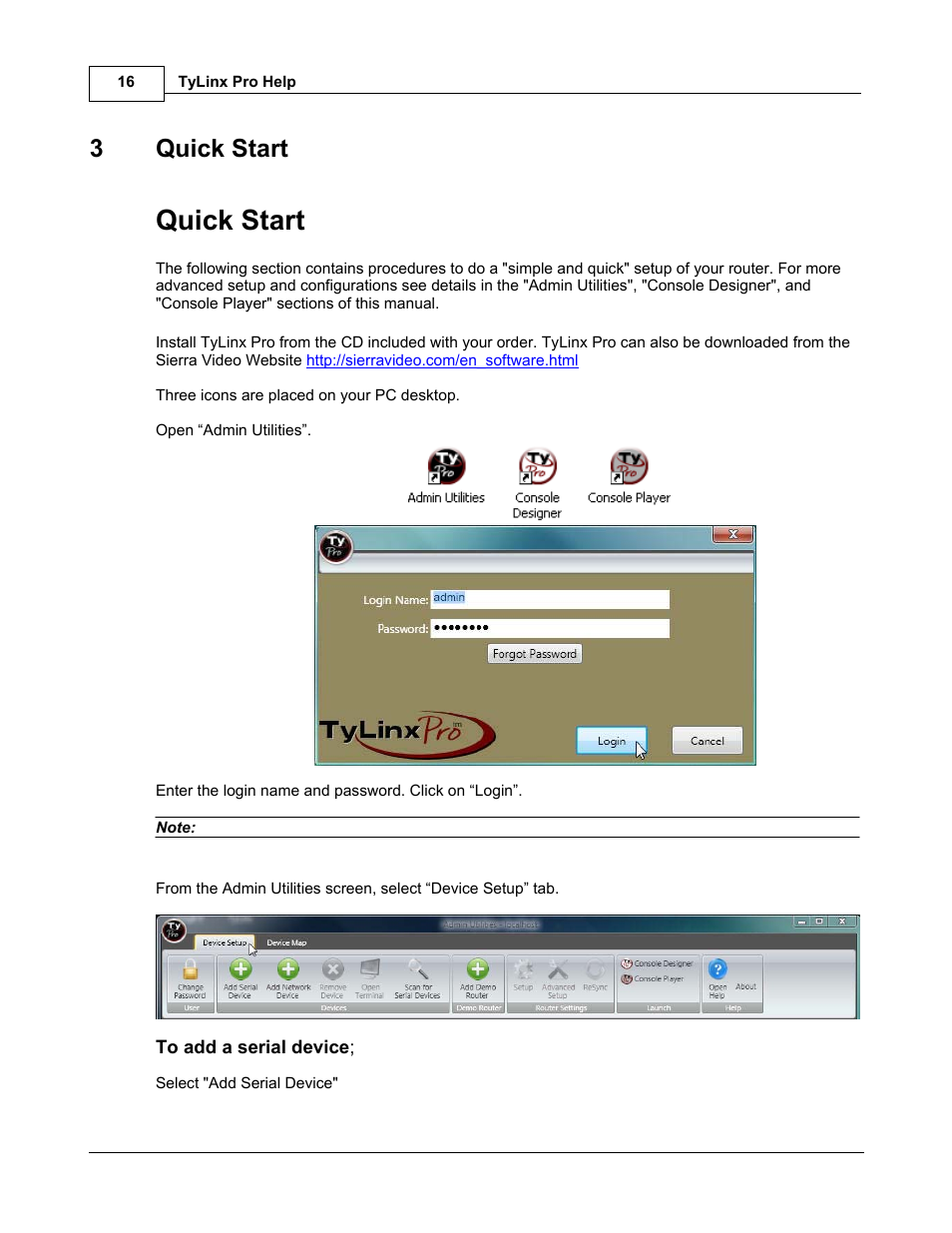 Quick start, 3quick start | Sierra Video TyLinx Pro User Manual | Page 16 / 228