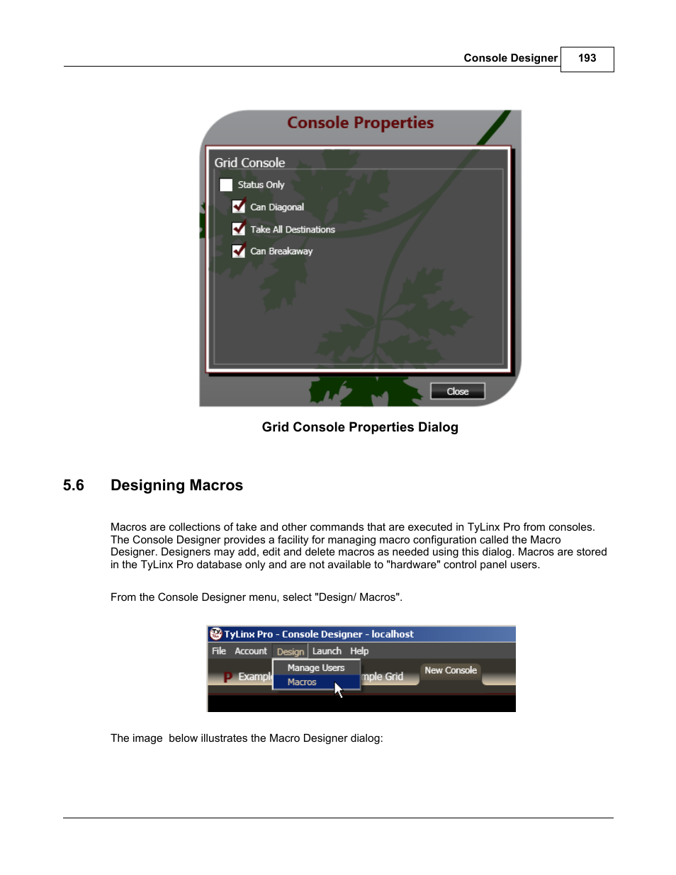 6 designing macros | Sierra Video TyLinx Pro User Manual | Page 193 / 228