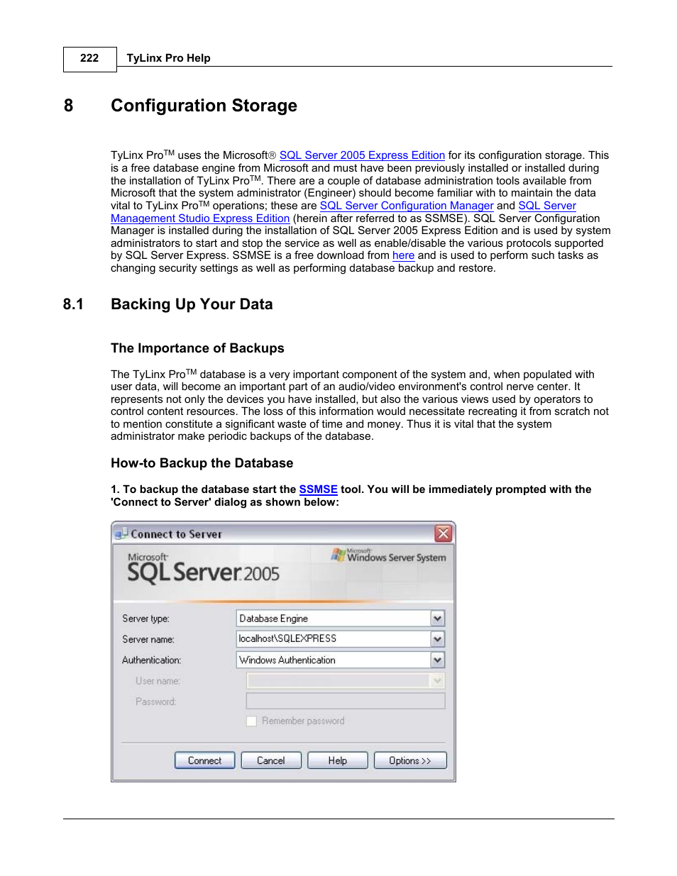 8configuration storage, 1 backing up your data | Sierra Video TyLinx Pro User Manual | Page 222 / 228