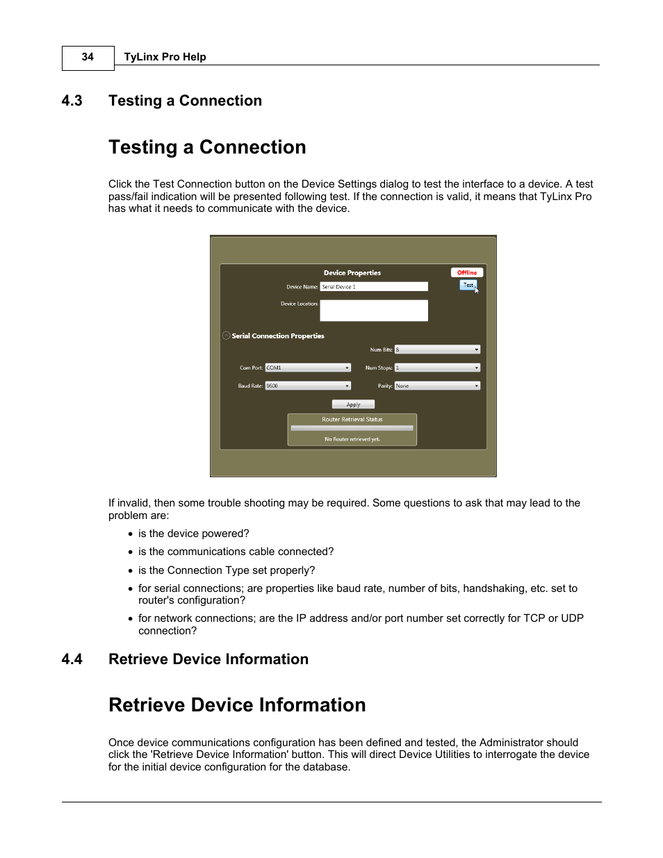 Testing a connection, Retrieve device information, 3 testing a connection | 4 retrieve device information | Sierra Video TyLinx Pro User Manual | Page 34 / 228