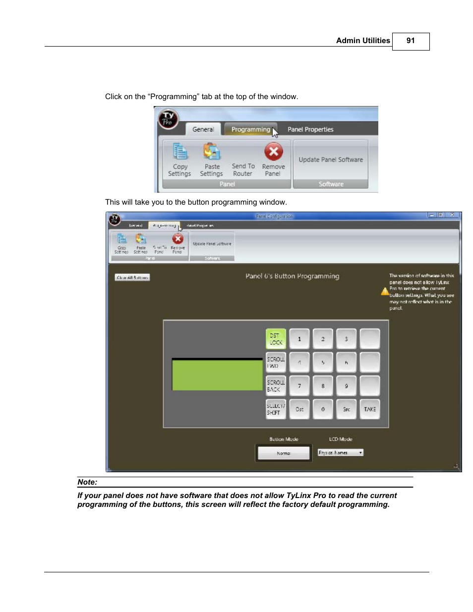 Programming panel buttons | Sierra Video TyLinx Pro User Manual | Page 91 / 228