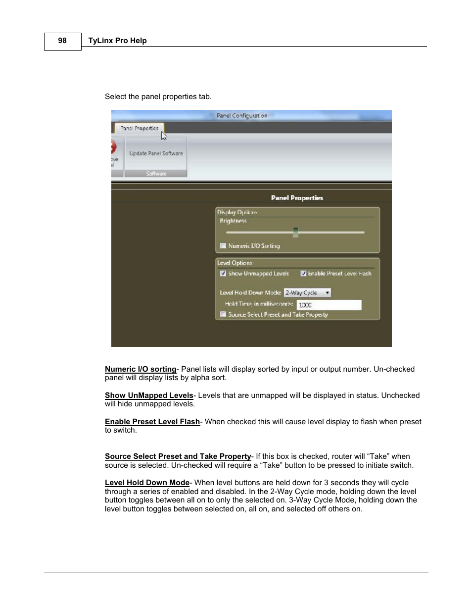 Panel properties | Sierra Video TyLinx Pro User Manual | Page 98 / 228