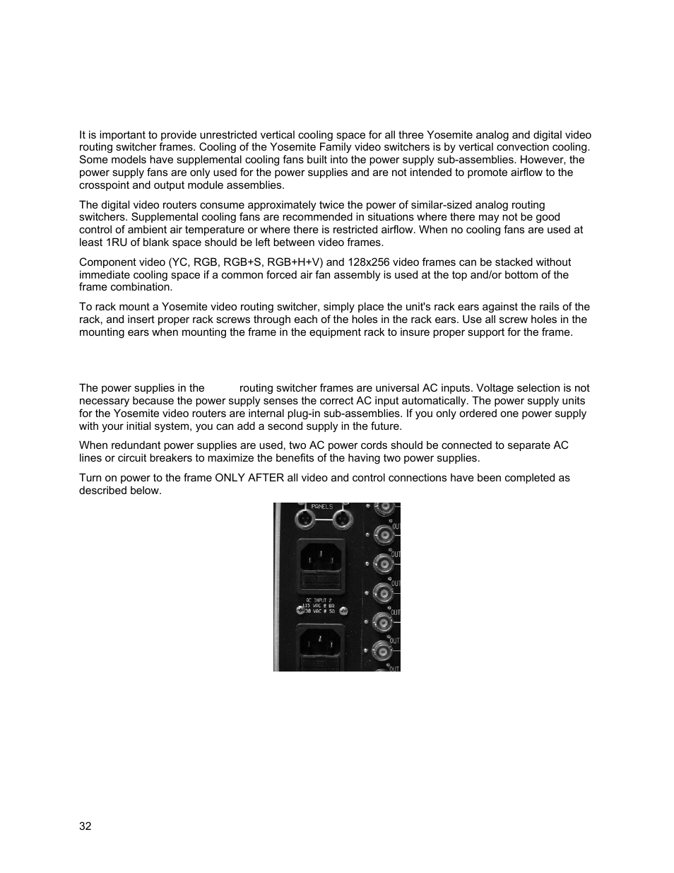 Vertical spacing requirements, Ac power connections | Sierra Video Yosemite User Manual | Page 38 / 102
