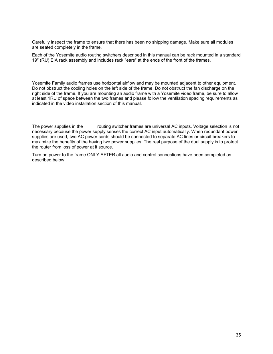 Audio frame mounting, Ventilation, Ac power connection | Sierra Video Yosemite User Manual | Page 41 / 102