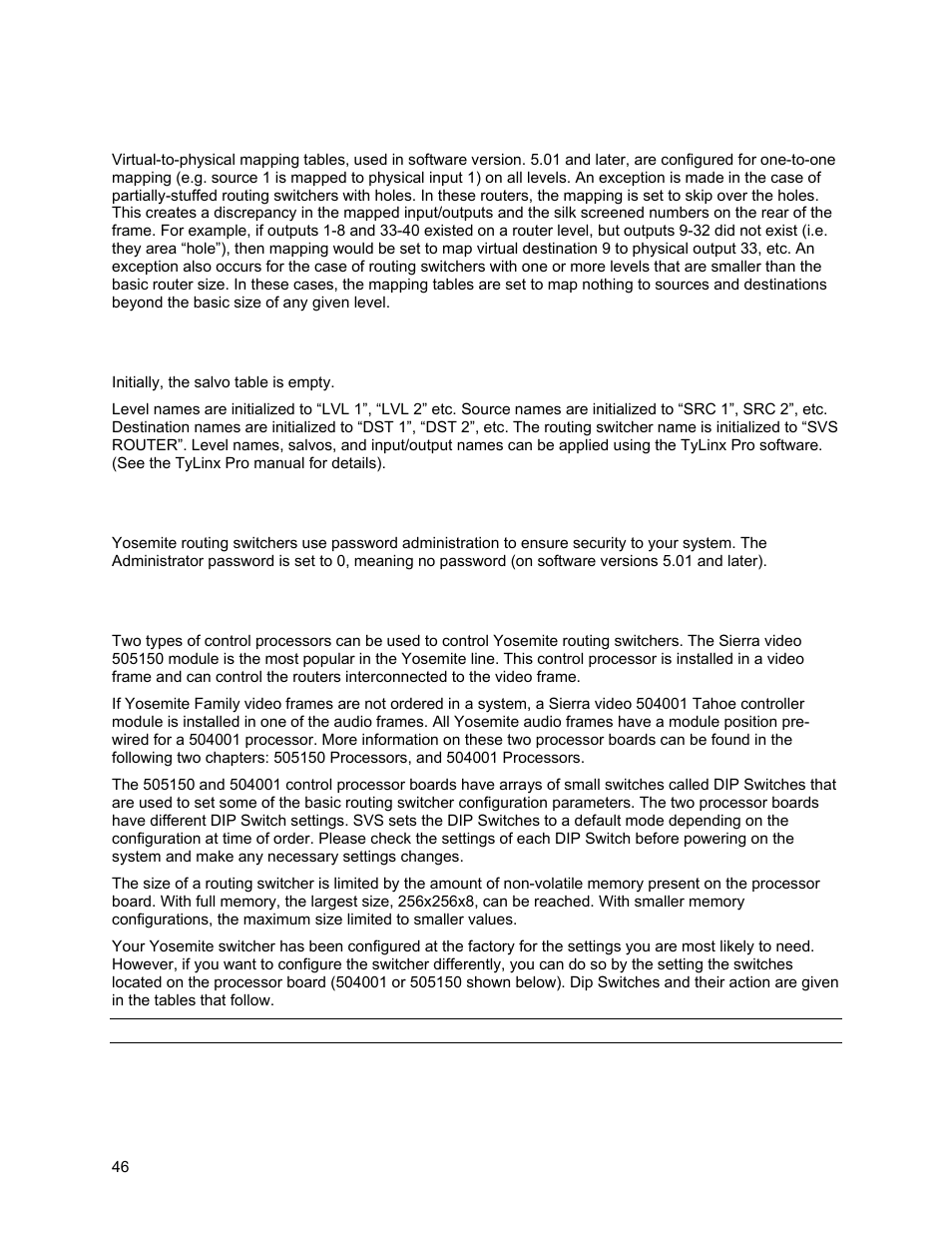 Mapping virtual & physical tables, Salvo table & level names, Administration | Yosemite dip switches | Sierra Video Yosemite User Manual | Page 52 / 102