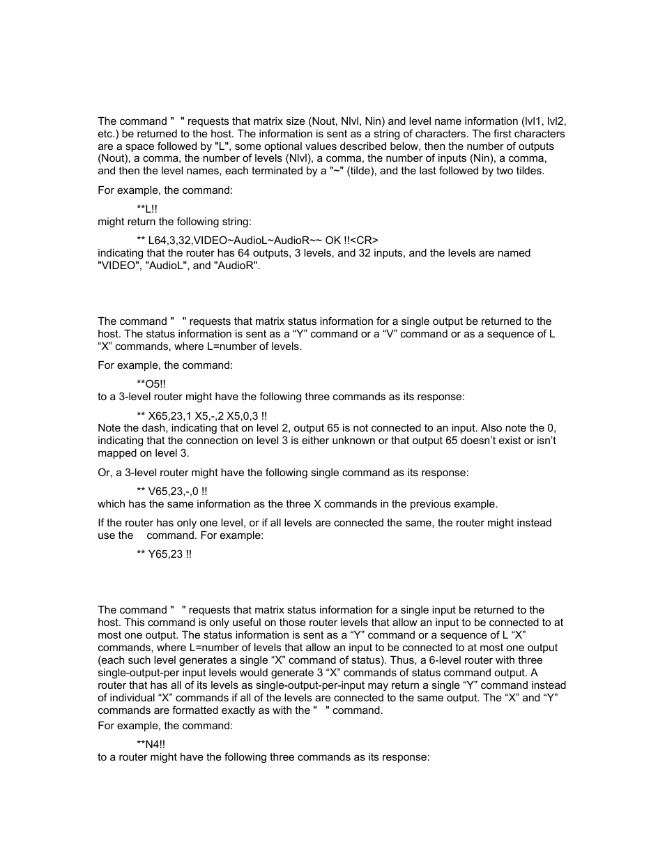L”: matrix size and level names inquiry, O”: output status inquiry, N”: input status inquiry | Sierra Video Yosemite User Manual | Page 85 / 102