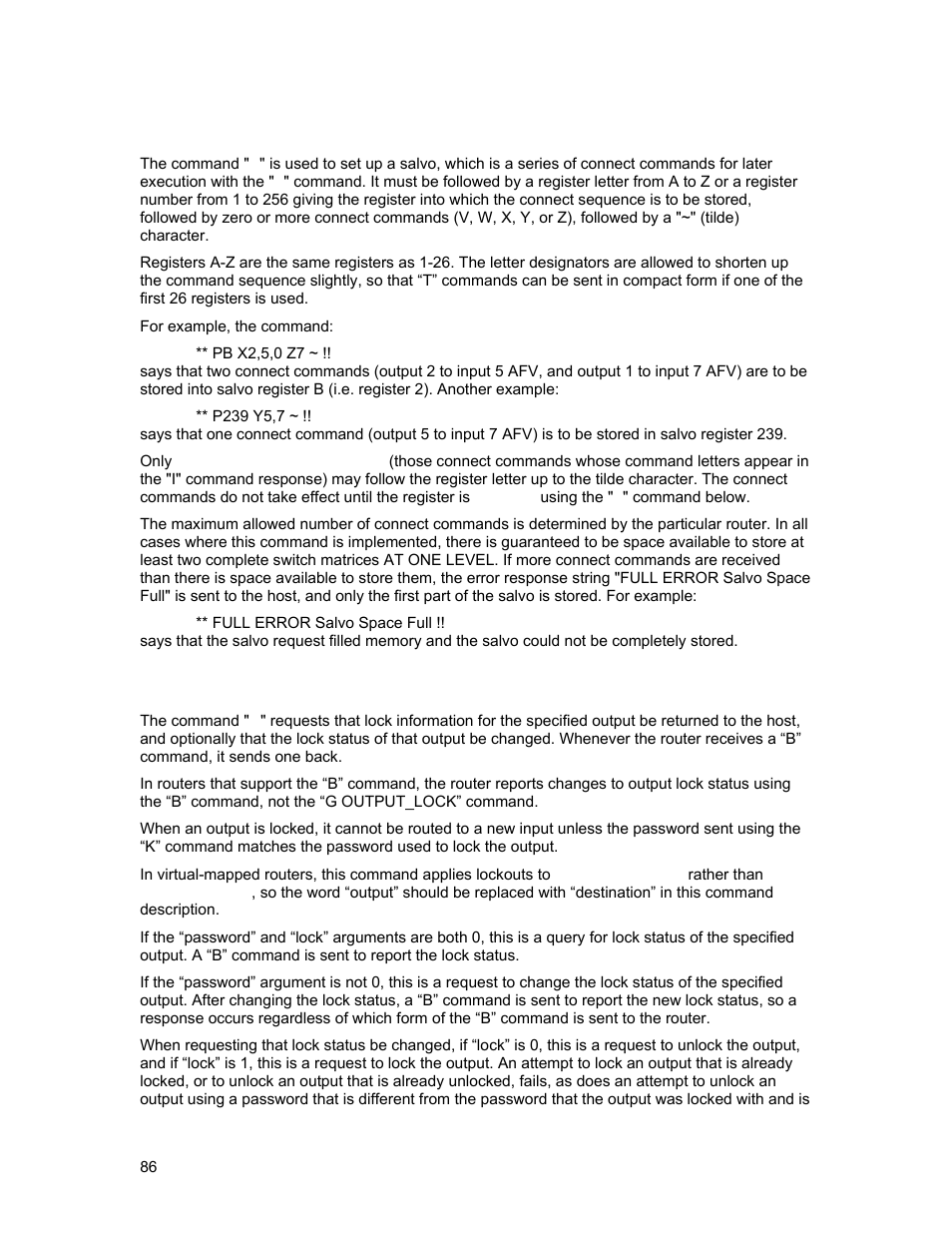 P”: preset a salvo, B”: output lock inquiry or change | Sierra Video Yosemite User Manual | Page 92 / 102