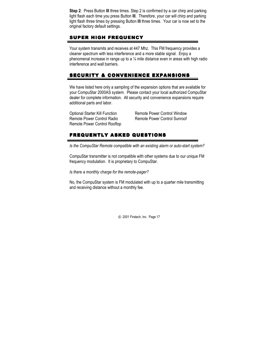Super high frequency, Security & convenience expansions, Frequently asked questions | CompuSTAR 2000AS User Manual | Page 17 / 20