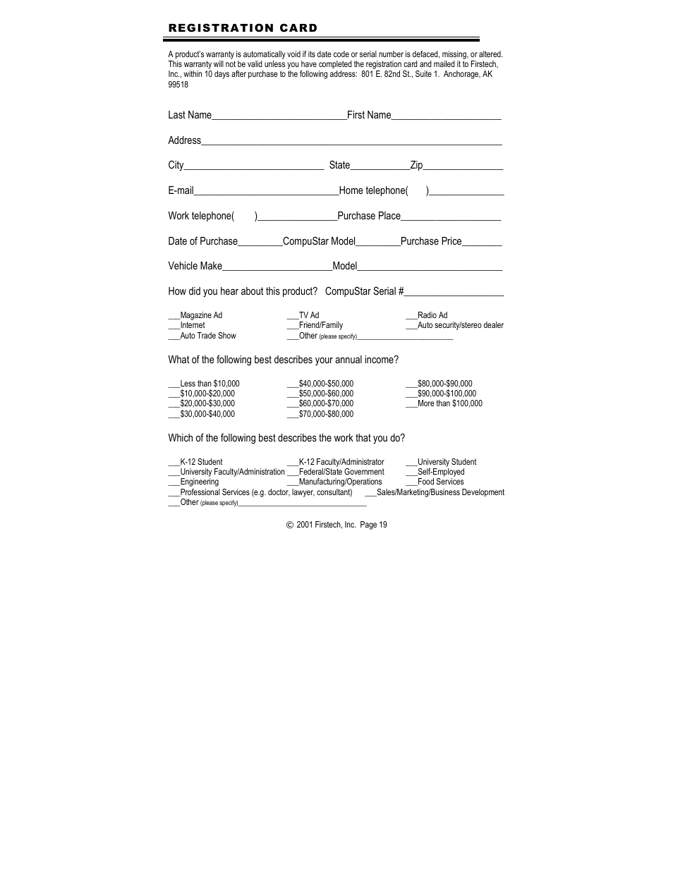 Last name___________________________first name, Address, Vehicle make______________________model | CompuSTAR 2000AS User Manual | Page 19 / 20
