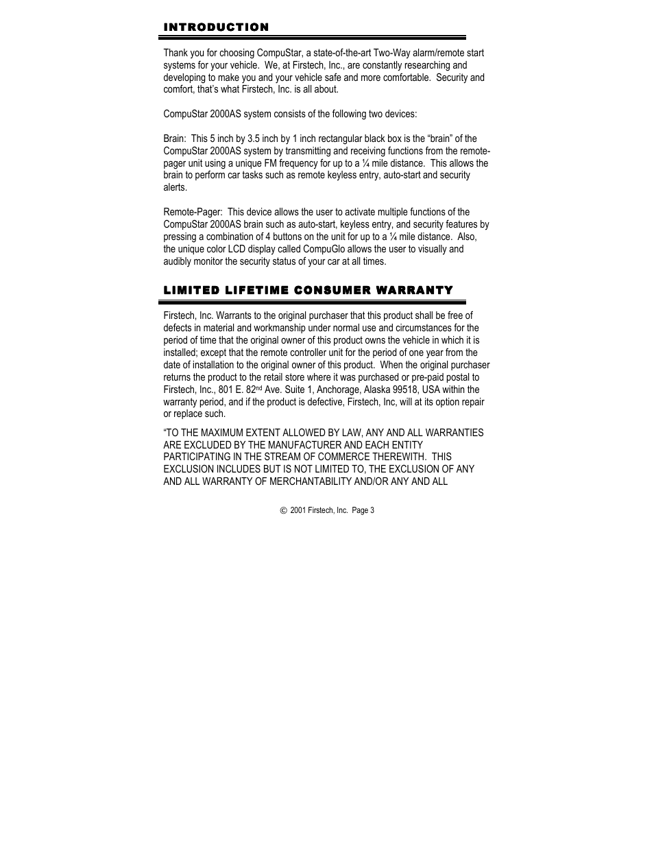 Introduction, Limited lifetime consumer warranty | CompuSTAR 2000AS User Manual | Page 3 / 20