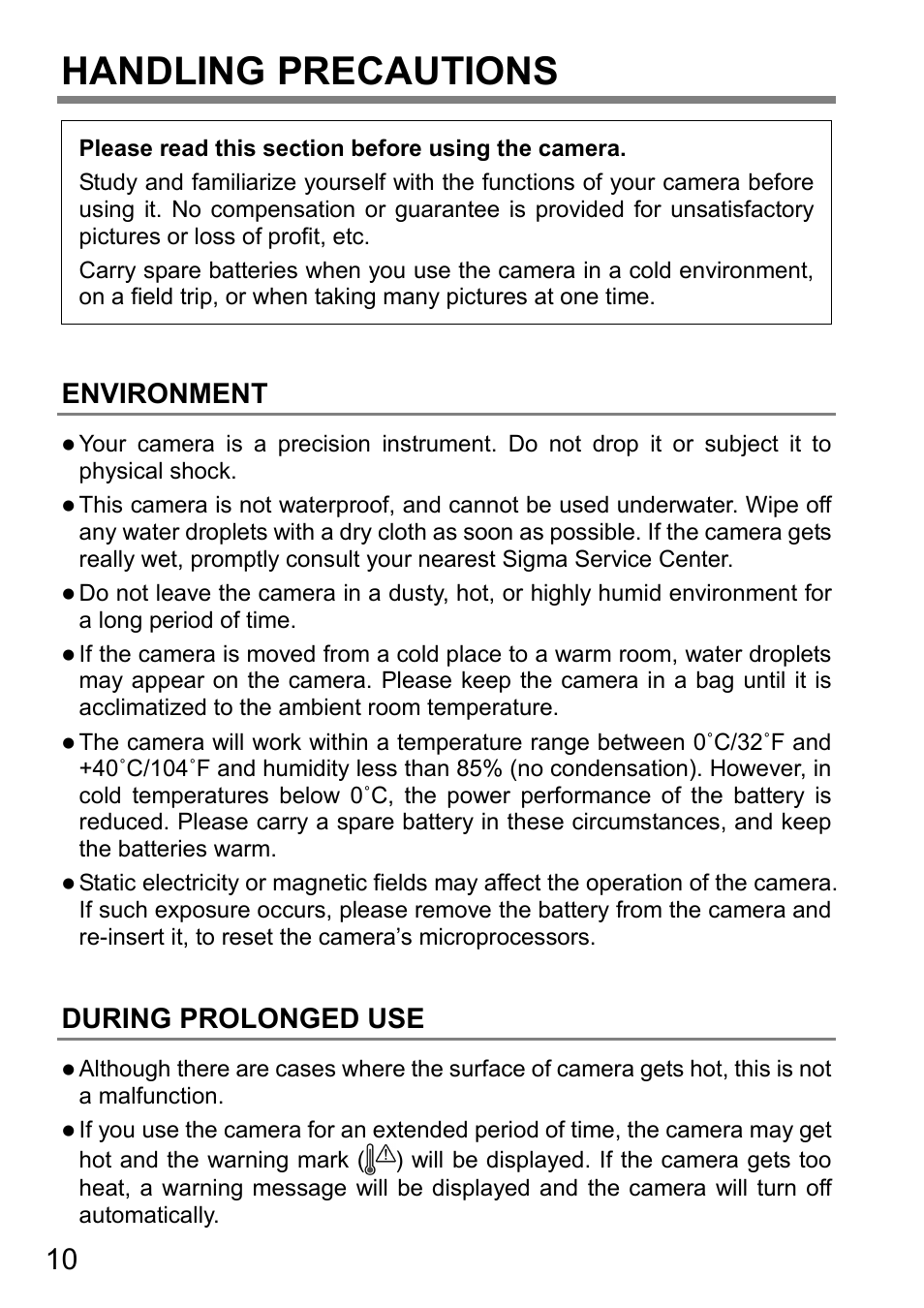 Handling precautions, Environment, During prolonged use | SIGMA DP3 Quattro User Manual | Page 10 / 142