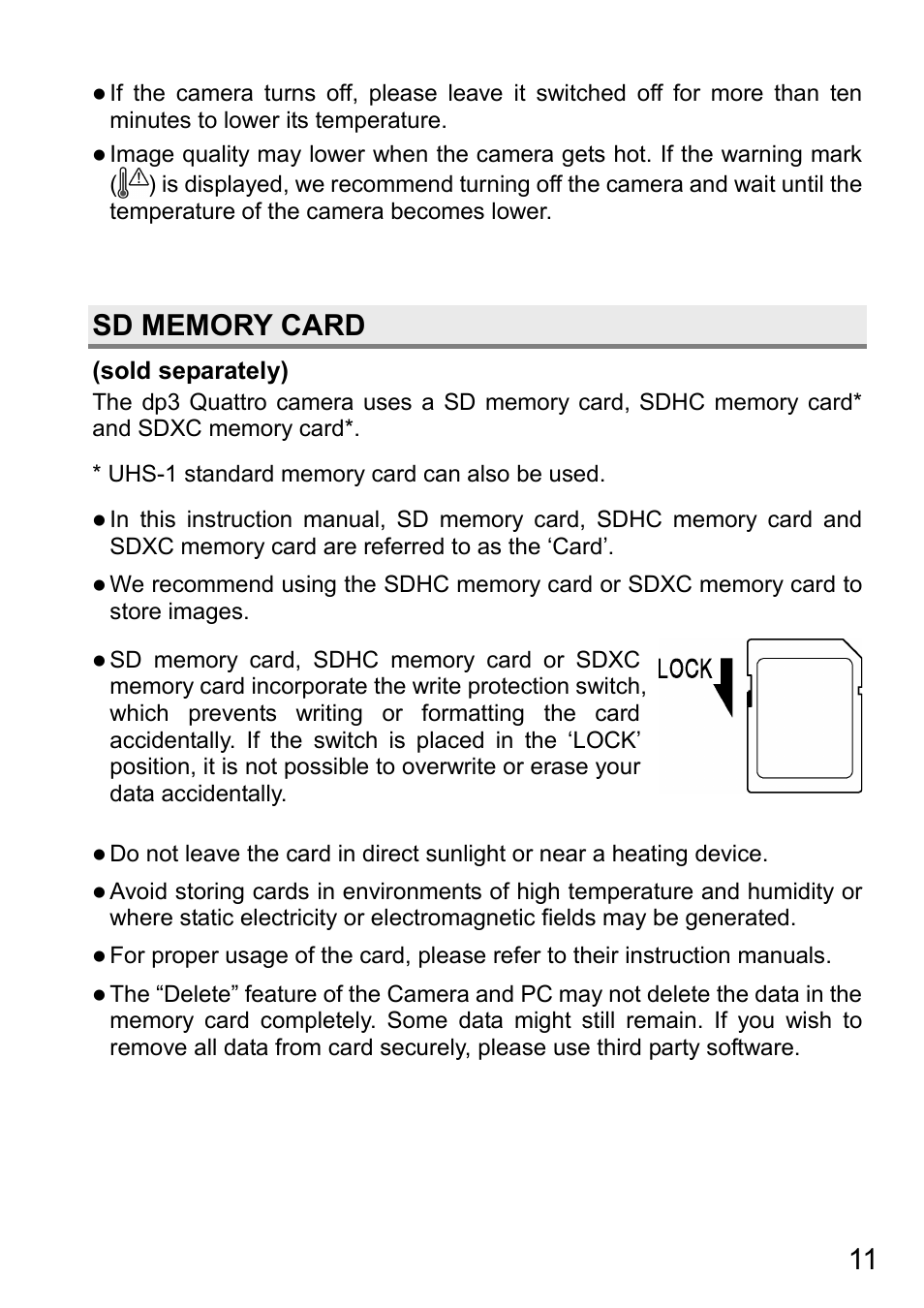 Sd memory card | SIGMA DP3 Quattro User Manual | Page 11 / 142