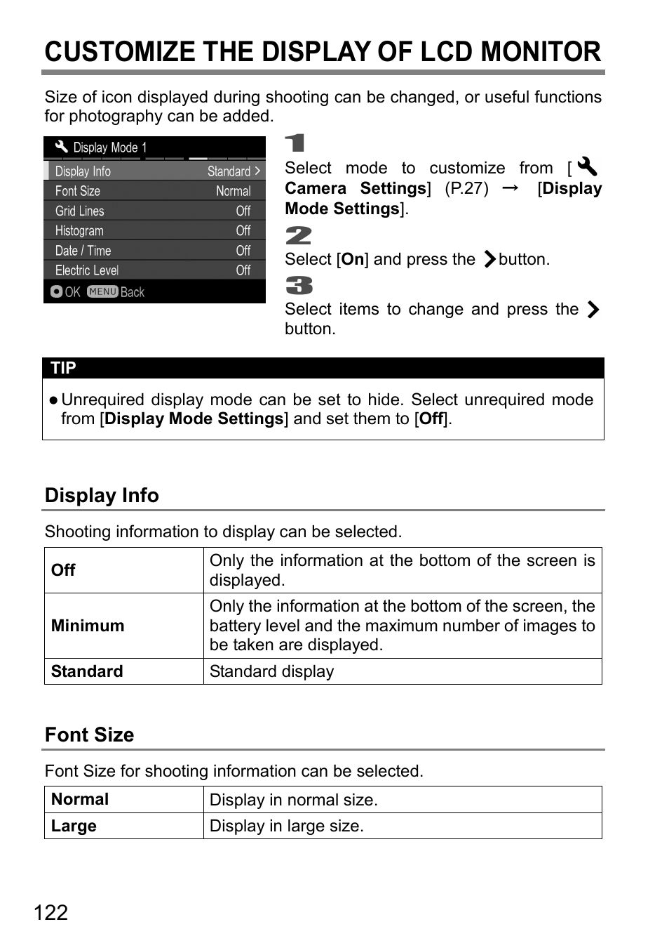 Customize the display of lcd monitor, Display info, Font size | SIGMA DP3 Quattro User Manual | Page 122 / 142