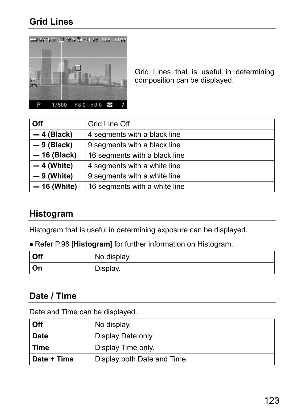 Grid lines, Histogram, Date / time | SIGMA DP3 Quattro User Manual | Page 123 / 142