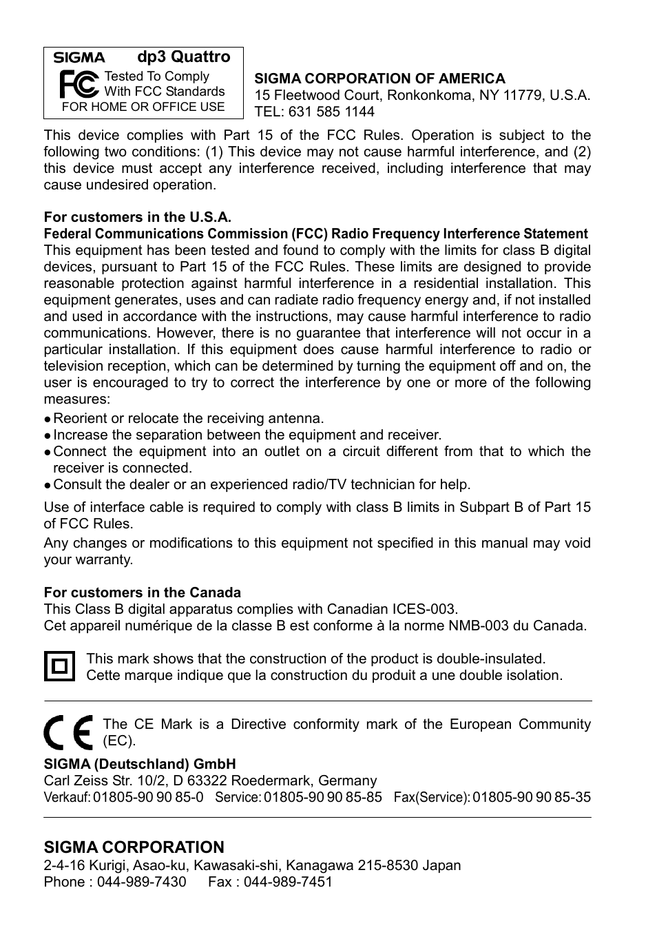 Sigma corporation, Dp3 quattro | SIGMA DP3 Quattro User Manual | Page 142 / 142