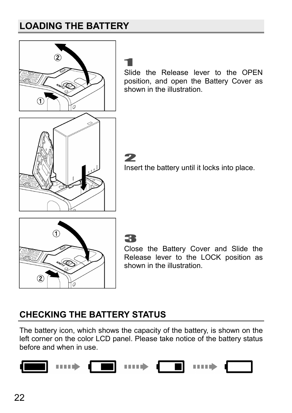 Loading the battery, Checking the battery status | SIGMA DP3 Quattro User Manual | Page 22 / 142