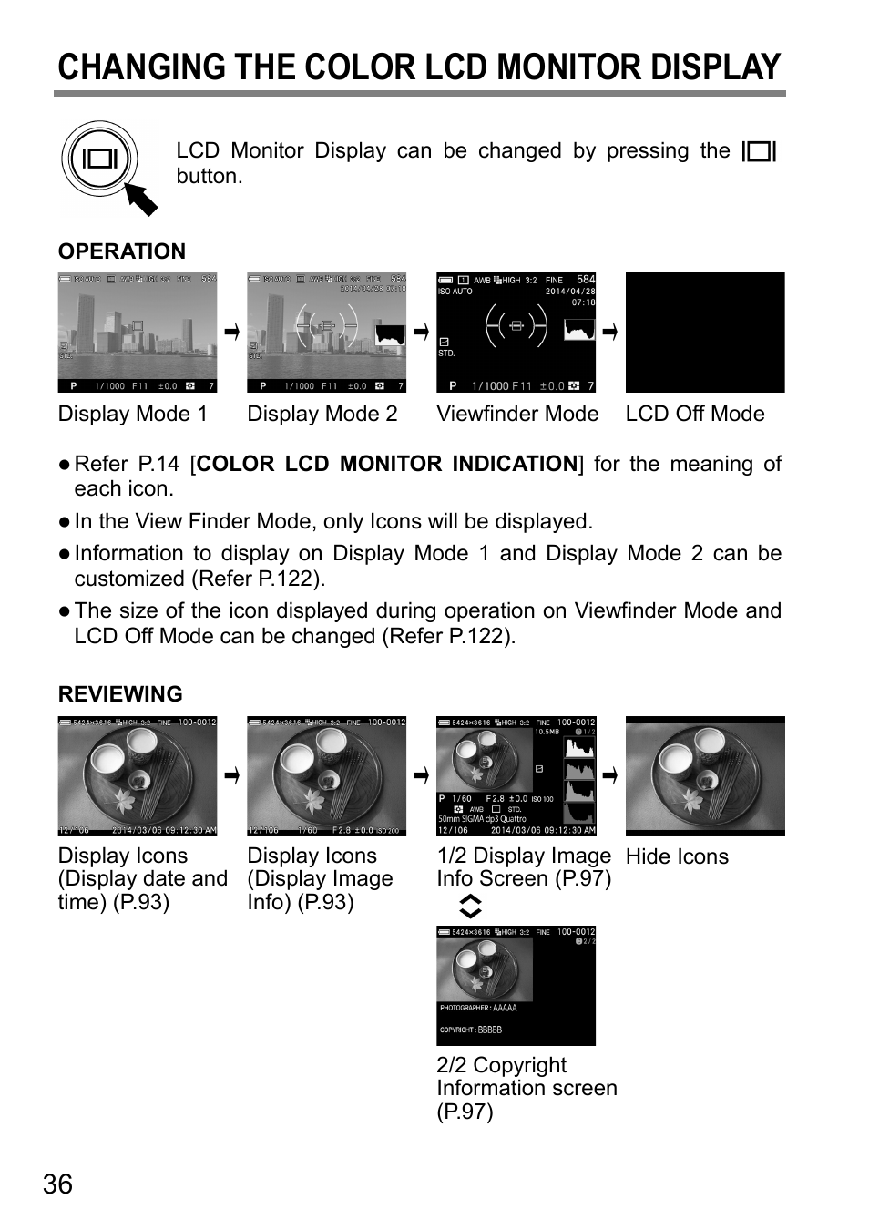 Changing the color lcd monitor display | SIGMA DP3 Quattro User Manual | Page 36 / 142