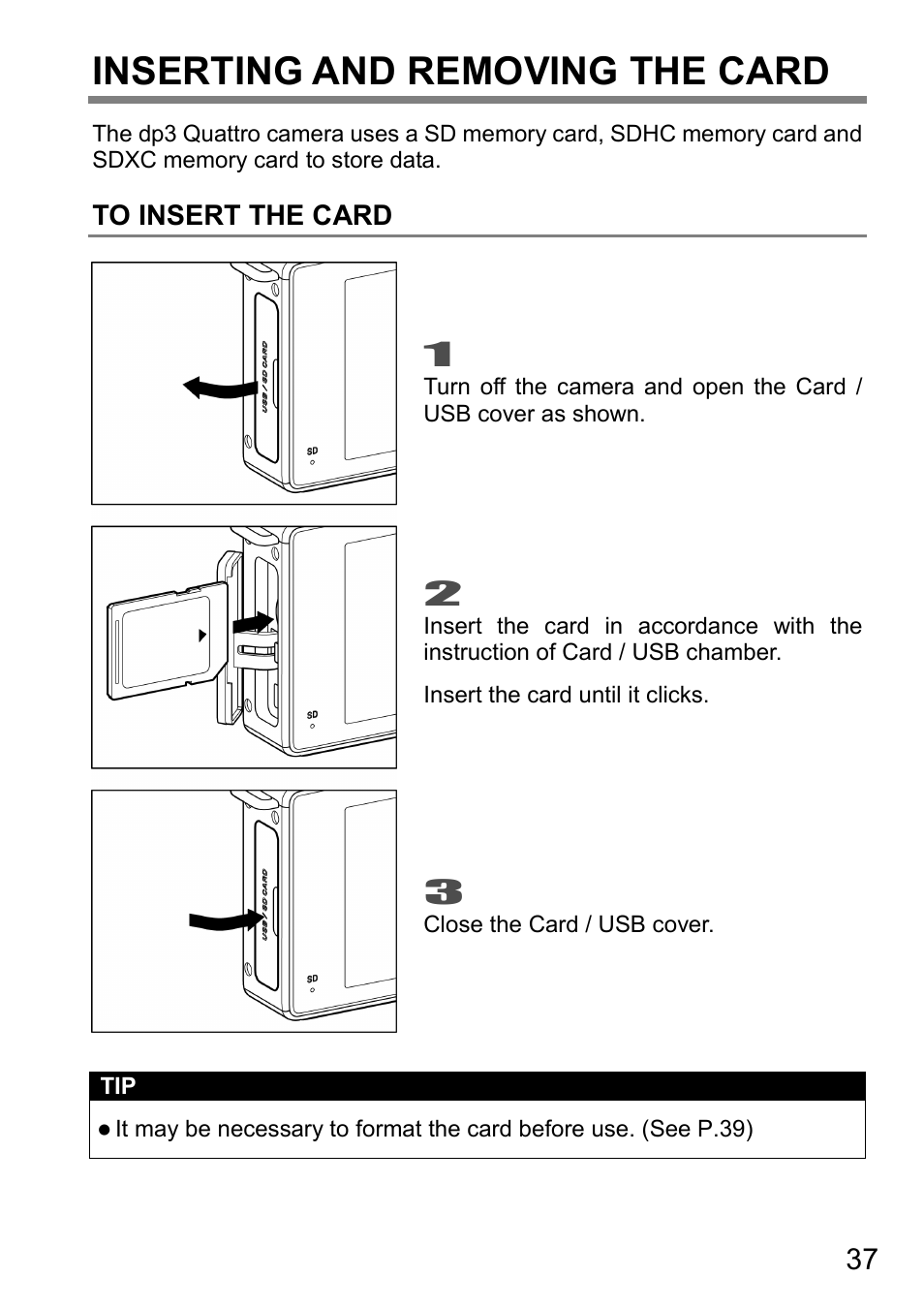 Inserting and removing the card | SIGMA DP3 Quattro User Manual | Page 37 / 142