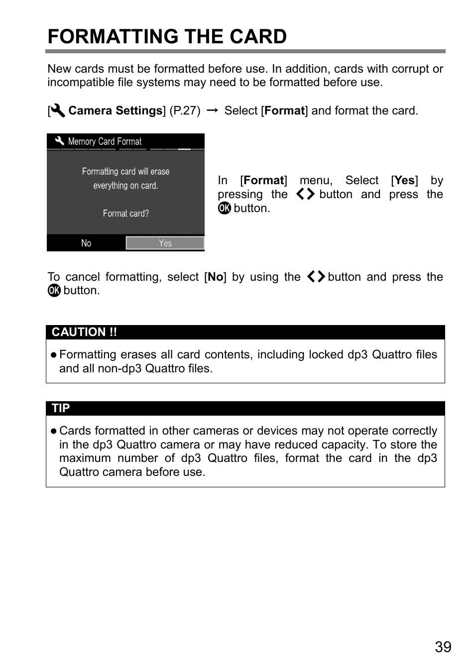 Formatting the card | SIGMA DP3 Quattro User Manual | Page 39 / 142