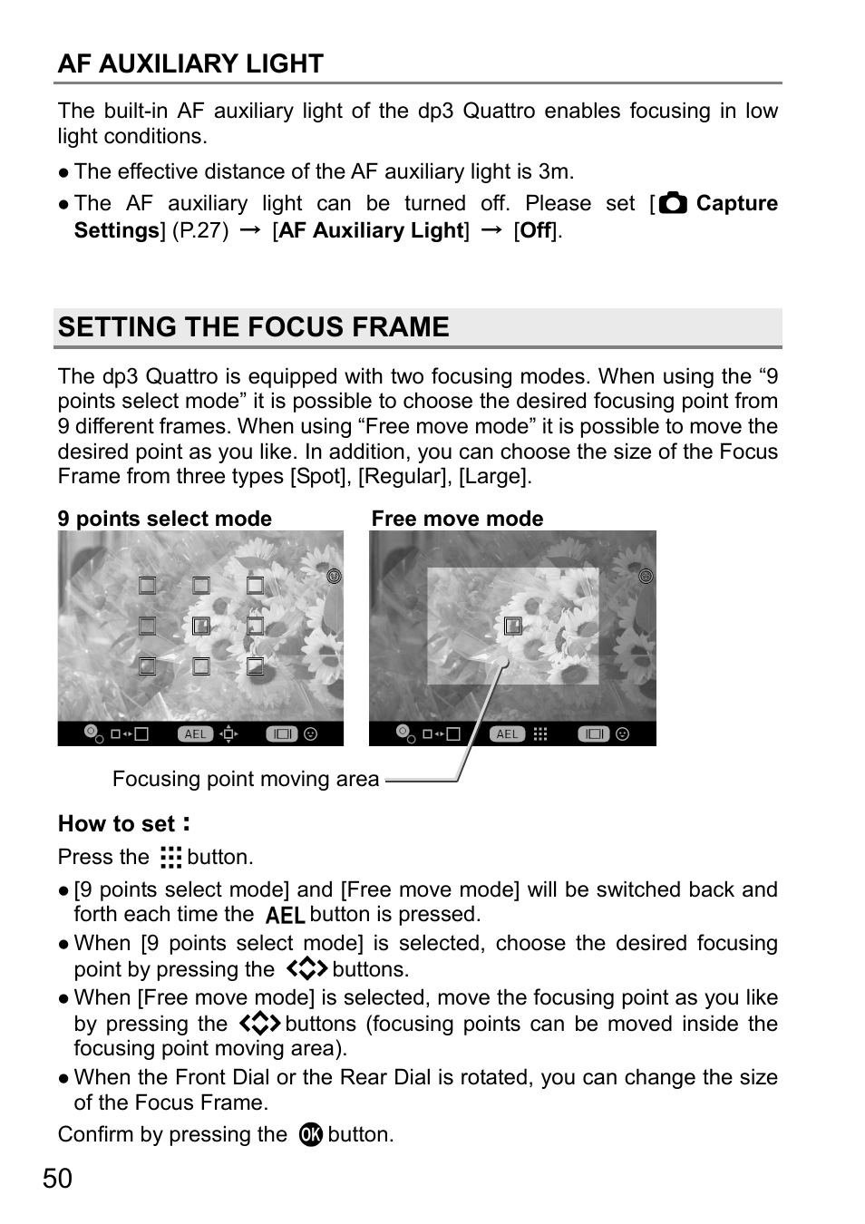Setting the focus frame, Af auxiliary light | SIGMA DP3 Quattro User Manual | Page 50 / 142