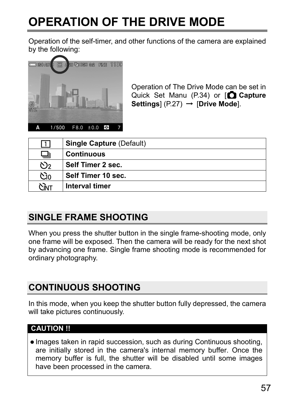 Operation of the drive mode, Single frame shooting, Continuous shooting | SIGMA DP3 Quattro User Manual | Page 57 / 142