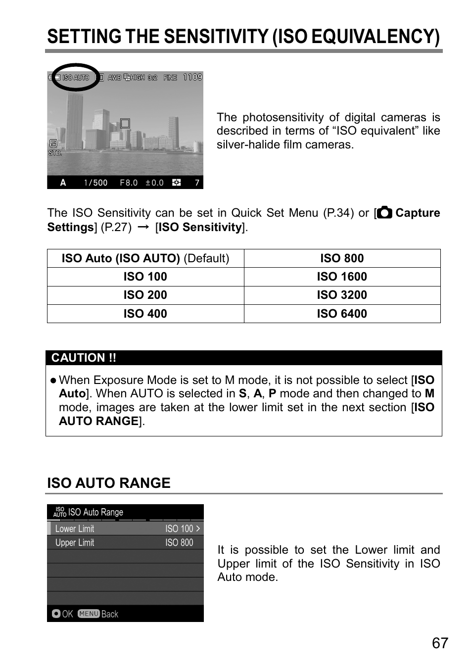 Setting the sensitivity (iso equivalency), Iso auto range | SIGMA DP3 Quattro User Manual | Page 67 / 142