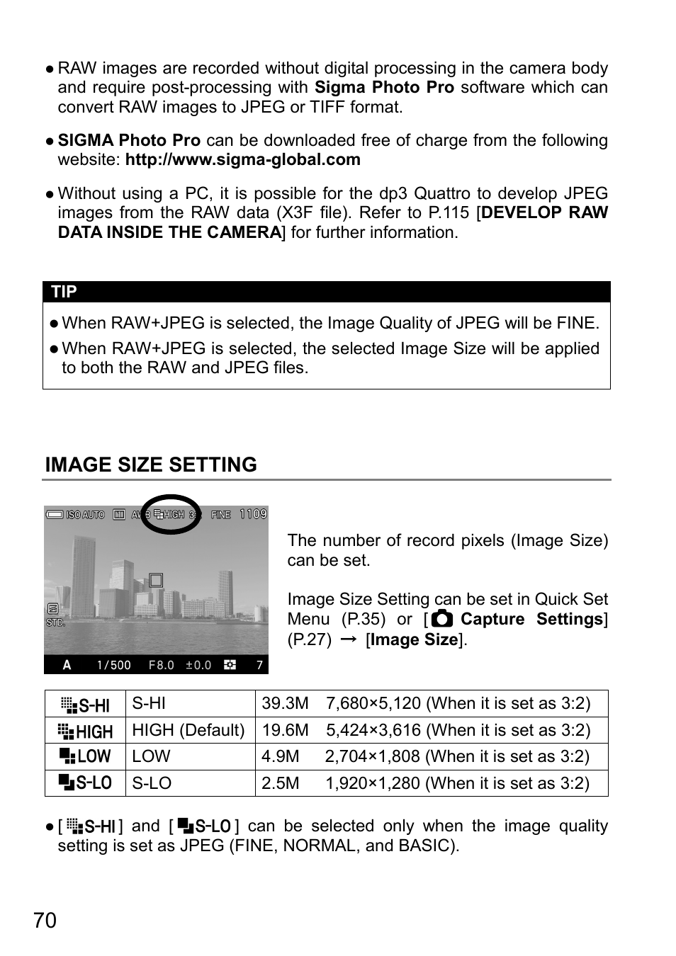 Image size setting | SIGMA DP3 Quattro User Manual | Page 70 / 142