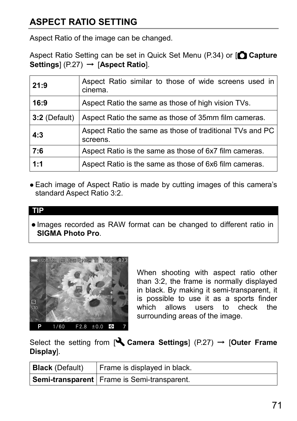 Aspect ratio setting | SIGMA DP3 Quattro User Manual | Page 71 / 142
