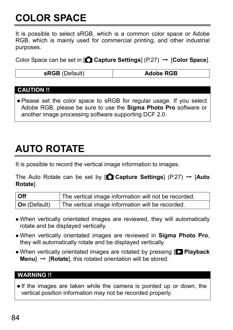 Color space, Auto rotate | SIGMA DP3 Quattro User Manual | Page 84 / 142