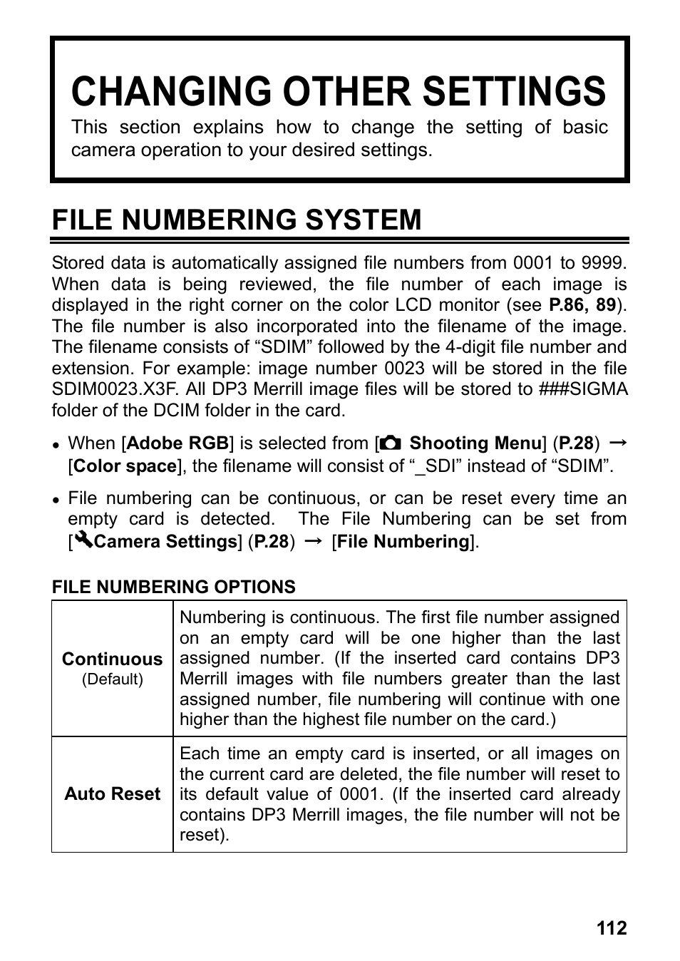 Changing other settings, File numbering system | SIGMA DP3 Merrill User Manual | Page 113 / 130