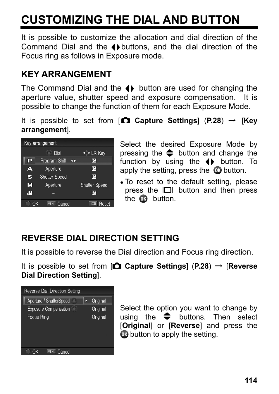 Customizing the dial and button, Key arrangement, Reverse dial direction setting | SIGMA DP3 Merrill User Manual | Page 115 / 130