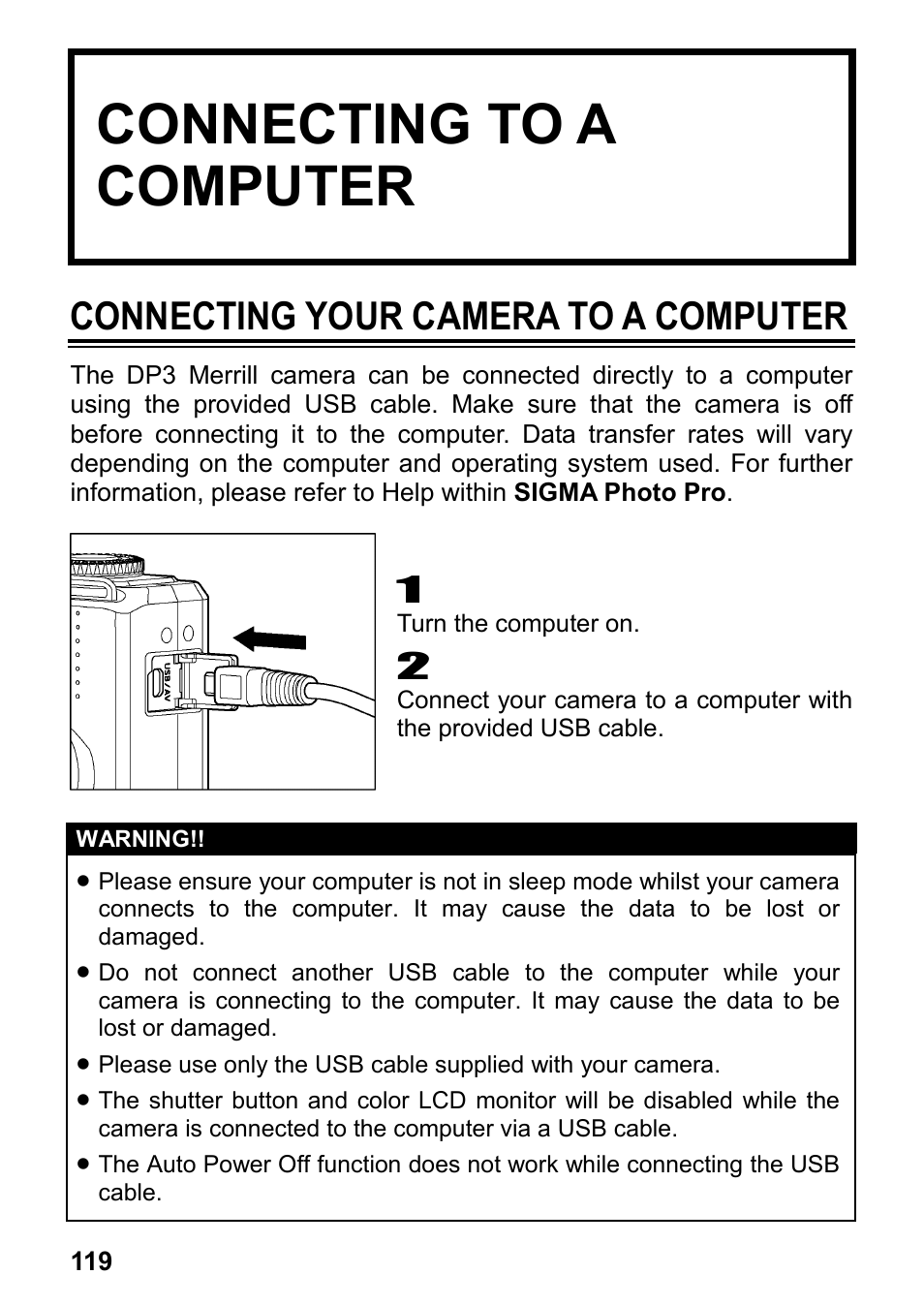 Connecting to a computer, Connecting your camera to a computer | SIGMA DP3 Merrill User Manual | Page 120 / 130