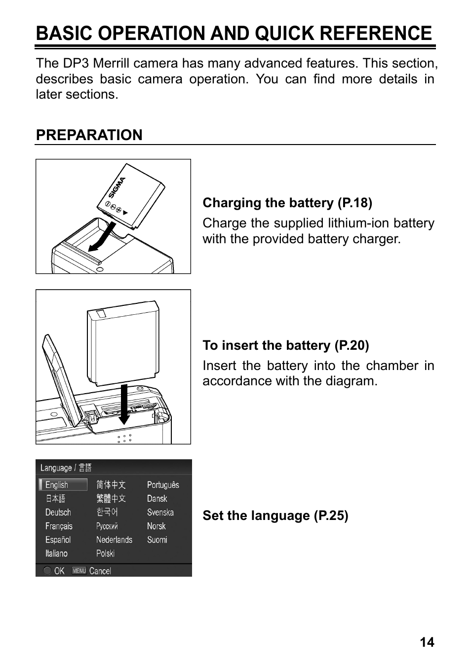 Basic operation and quick reference, Preparation | SIGMA DP3 Merrill User Manual | Page 15 / 130