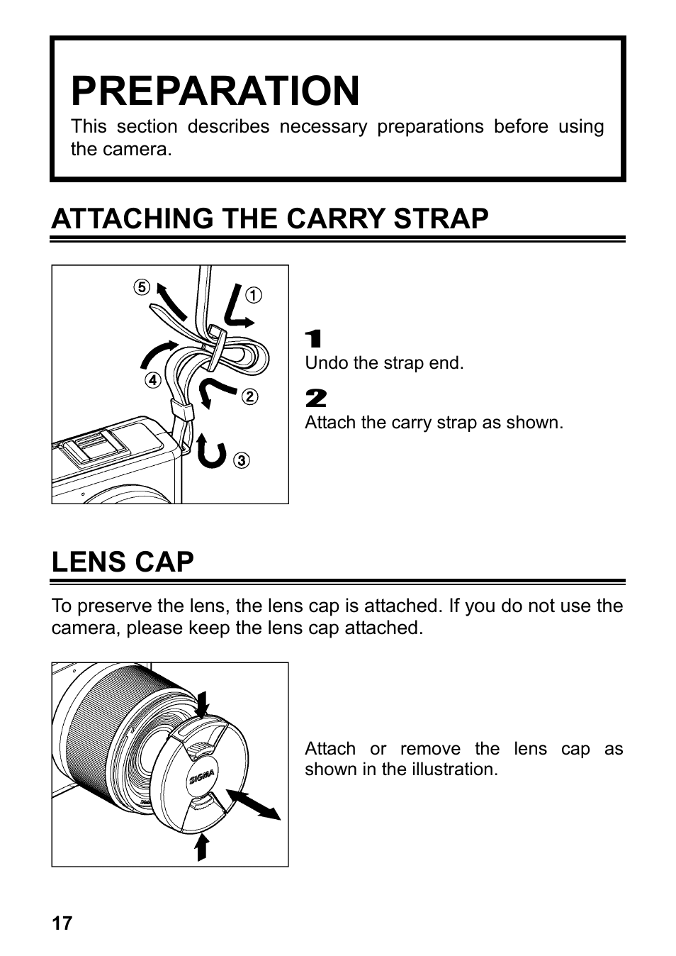 Preparation, Attaching the carry strap, Lens cap | SIGMA DP3 Merrill User Manual | Page 18 / 130